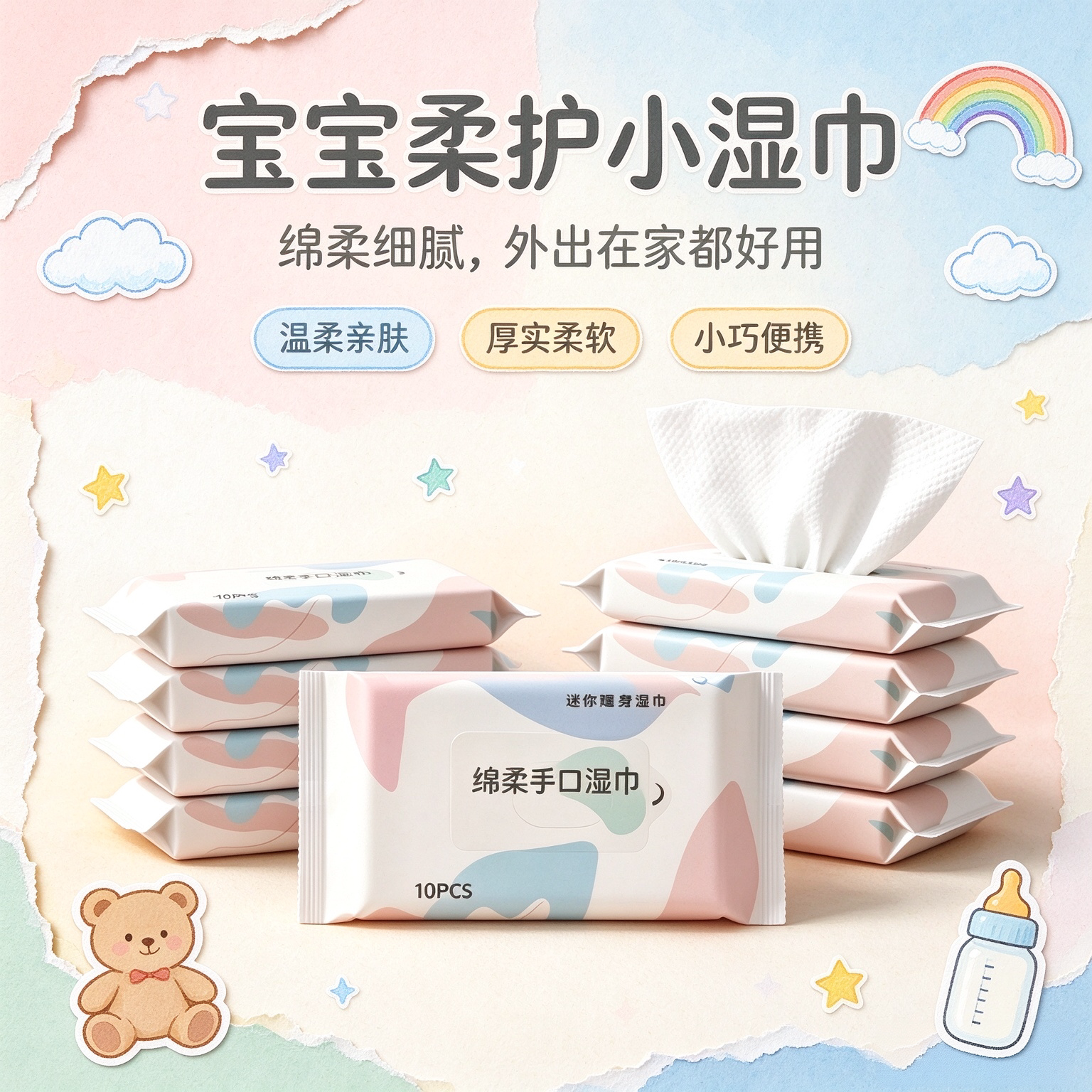 随身携带清洁手口湿巾小包户外出行擦嘴护肤多场景一次性湿巾