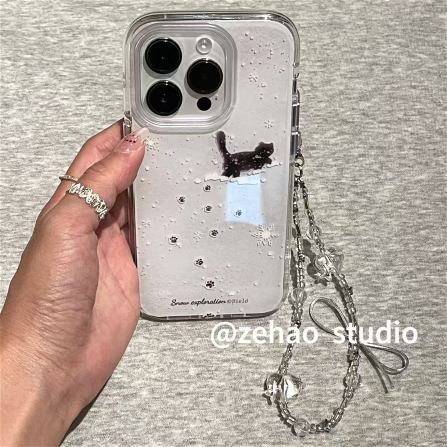 ZEHAO*ins清透冬日雪地黑猫双层印花韩系16Pro适用iphone17Promax苹果16pro手机壳15/14软16Promax保护套女16