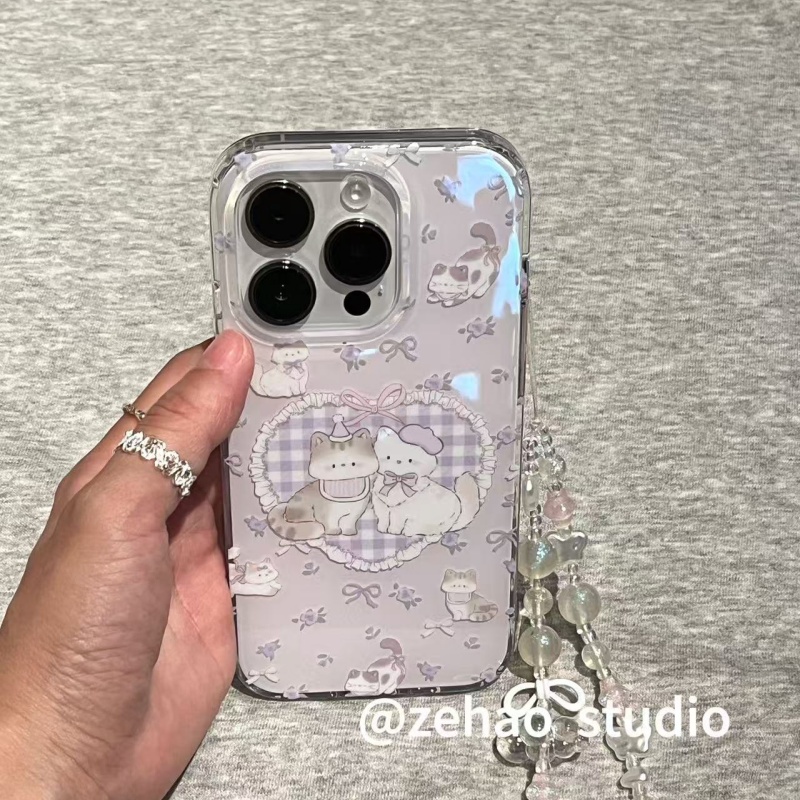 ZEHAO*ins淡紫爱心两只小猫双层印花韩系16Pro适用iphone17Promax苹果16pro手机壳15/14软16Promax保护套女16