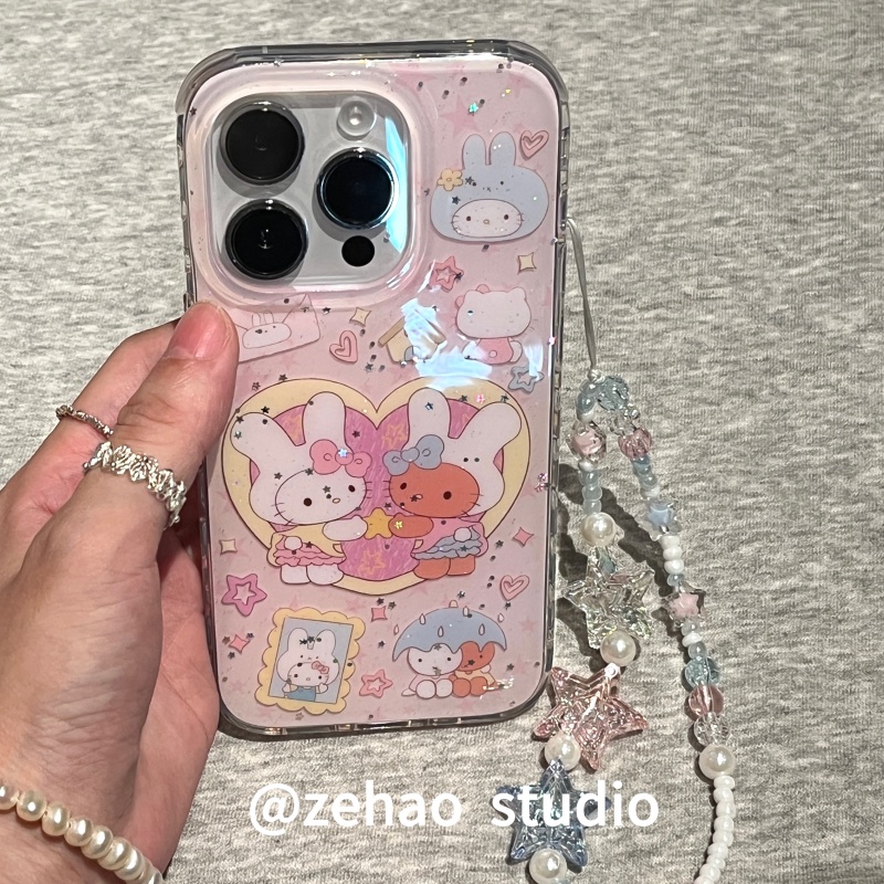 ZEHAO*ins粉爱心兔子帽猫咪双层印花韩系14适用iphone16promax苹果16pro手机壳苹果16/13软15Promax保护套1女