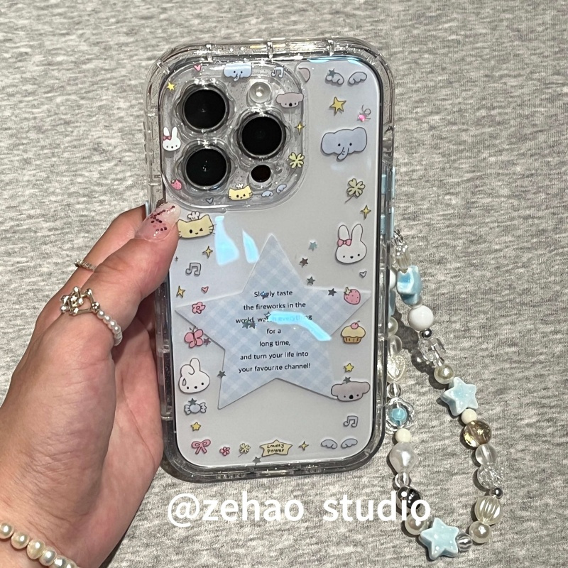 ZEHAO*ins透明包镜头蓝格星星小动物双层印花韩系14适用iphone16promax苹果16pro手机壳苹果1/15Promax保护套