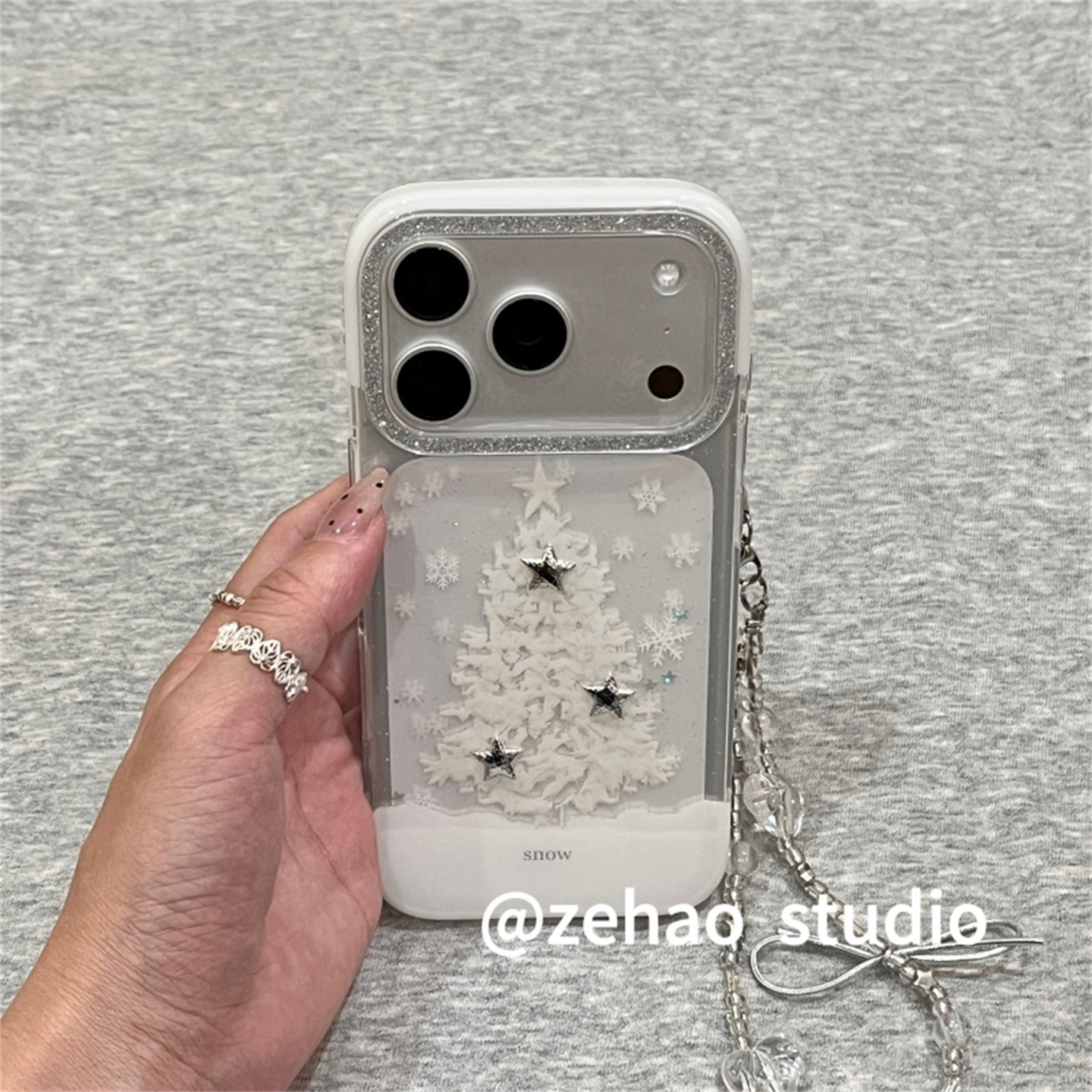 ZEHAO*透明细闪白色圣诞树双层印花韩系16Pro适用iphone17Promax苹果16pro手机壳15/14p软16Promax保护套女16