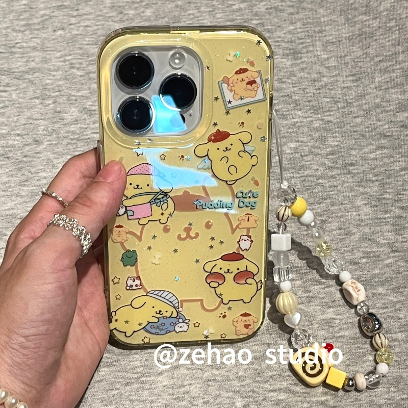 ZEHAO*ins黄细闪布丁狗标签双层印花韩系14适用iphone16promax苹果16pro手机壳苹果16/13软15Promax保护套1女