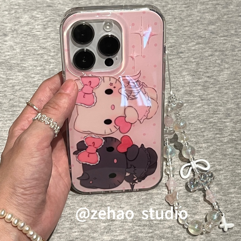ZEHAO*ins可爱天使与恶魔猫咪双层印花韩系14适用iphone16promax苹果16pro手机壳苹果16/13软15Promax保护套1