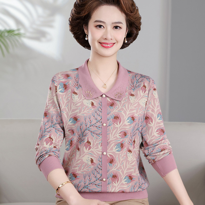 洋气冰丝长袖翻领中老年女士50多岁妈妈秋装针织衫贵夫人品牌上衣