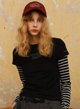 【新品现货包邮】NEATO逆光女装 短款印花条纹假两件t恤