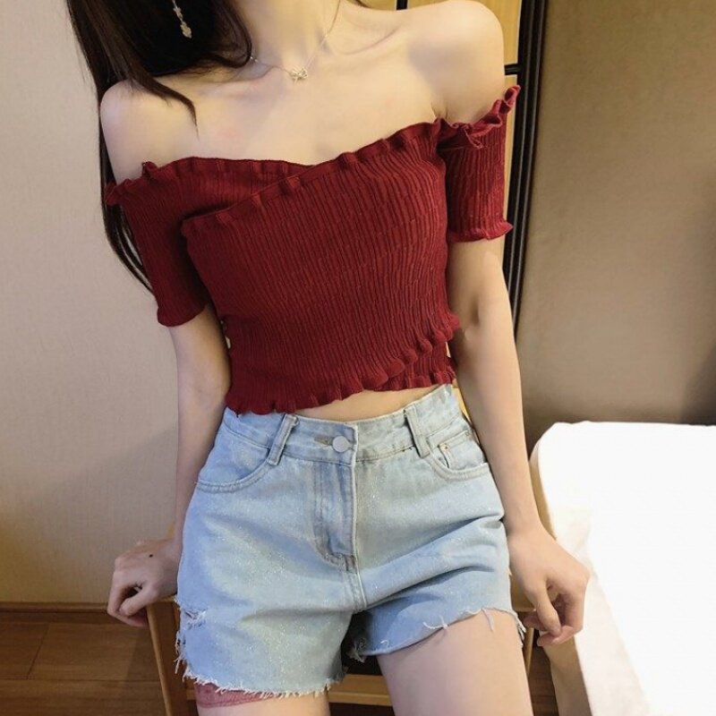 2019夏季韩版chic一字领露肩修身交叉短袖针织衫女装露脐短款上衣|ruв категории Женская одежда, шерстяной свитер - от Buy2taobao.com для оказания профессиональной услуги покупки агента Taobao