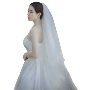 出嫁头纱主婚纱白色长款拖尾新娘头饰森系超仙简约婚礼素纱拍照女