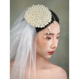 法式复古珍珠帽头纱新娘高级感超仙婚礼拍照气质发饰结婚氛围结婚
