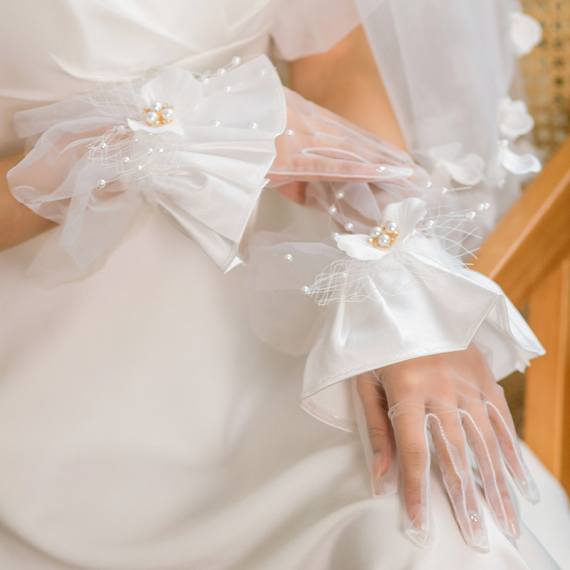 신부 메쉬 진주 활 장갑 달콤한 신부 새틴 레이스 소프트 웨딩 베일 웨딩 신부 들러리 복고풍