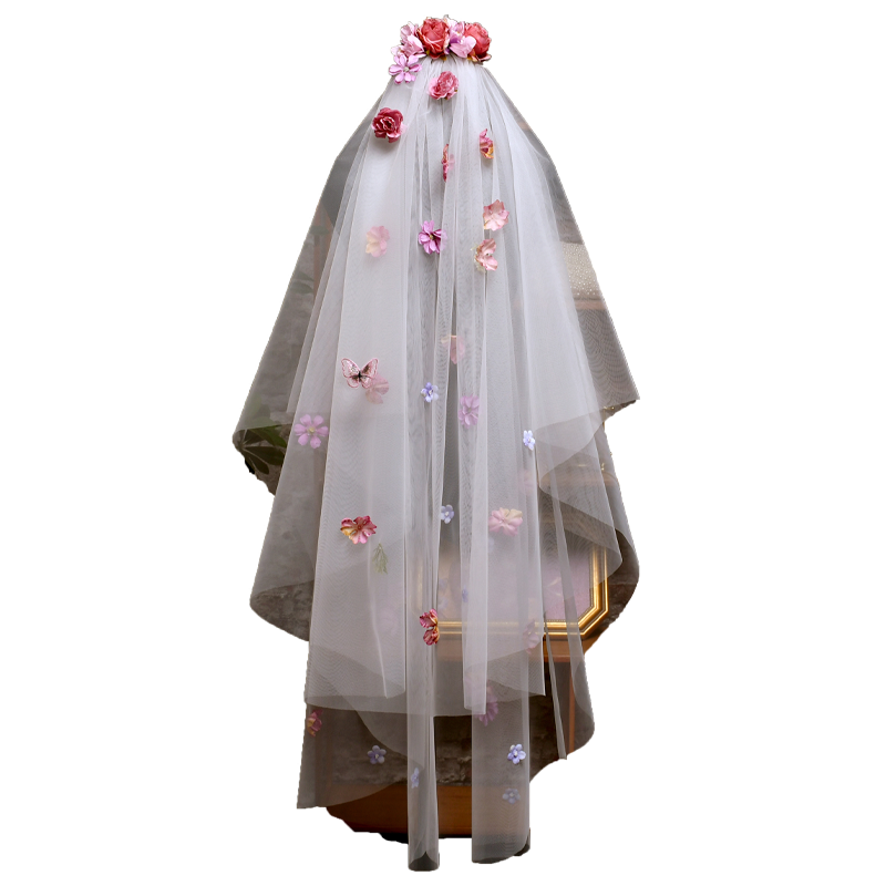 新娘俏皮結(jié)婚森系頭紗頭飾仙氣仙女重工復(fù)古仿真花奢華軟紗旅拍