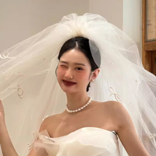 唯美新娘珍珠超蓬蓬短款 头纱唯美拍照道具结婚领证头饰可爱网纱
