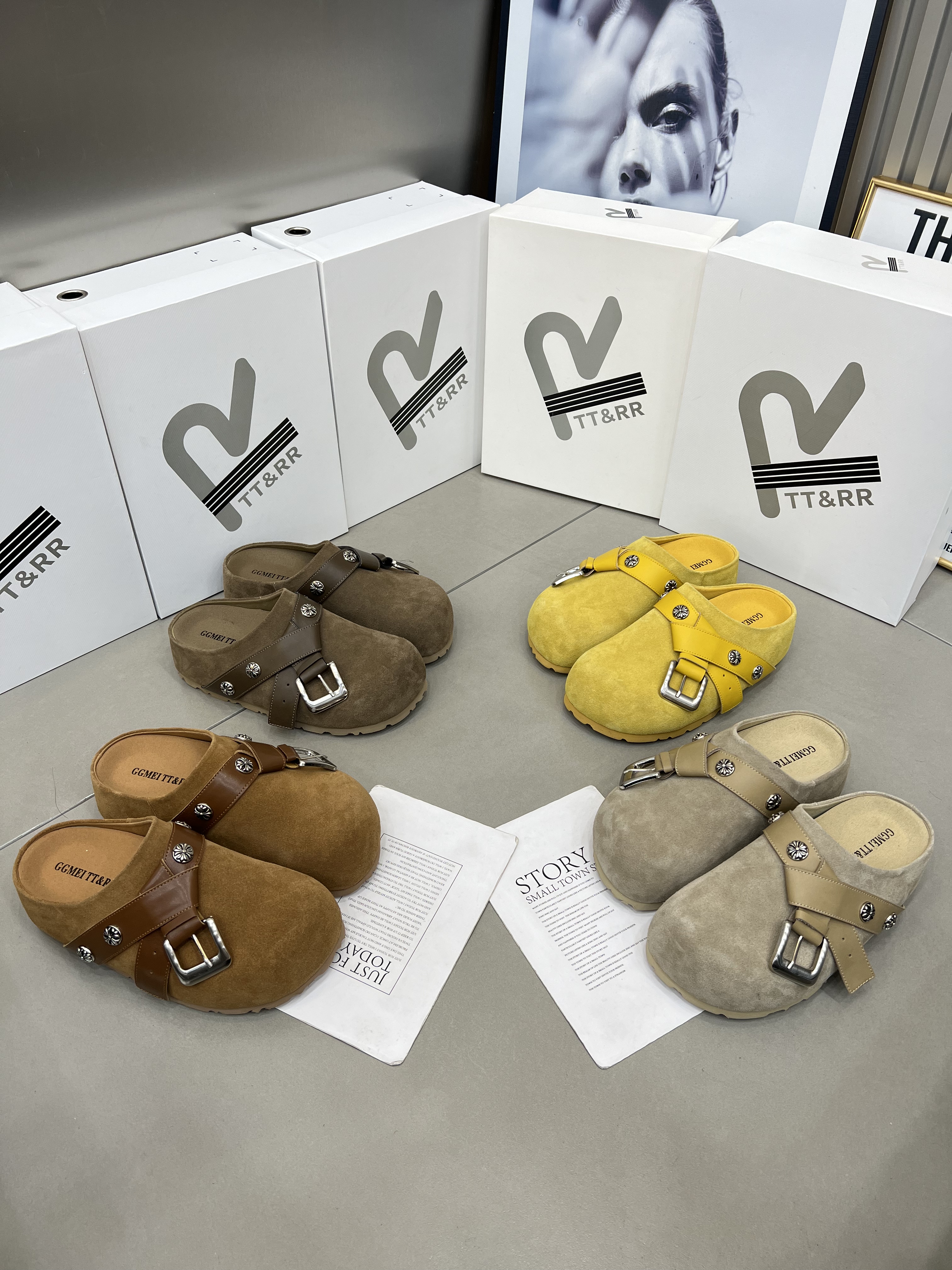 TT&RR磨砂皮厚底勃肯鞋女2026新款百搭增高皮带扣休闲包头半拖鞋