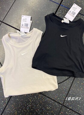 Nike耐克女夏季跑步刺绣Logo背心透气无袖螺纹短款T恤上衣FB8280