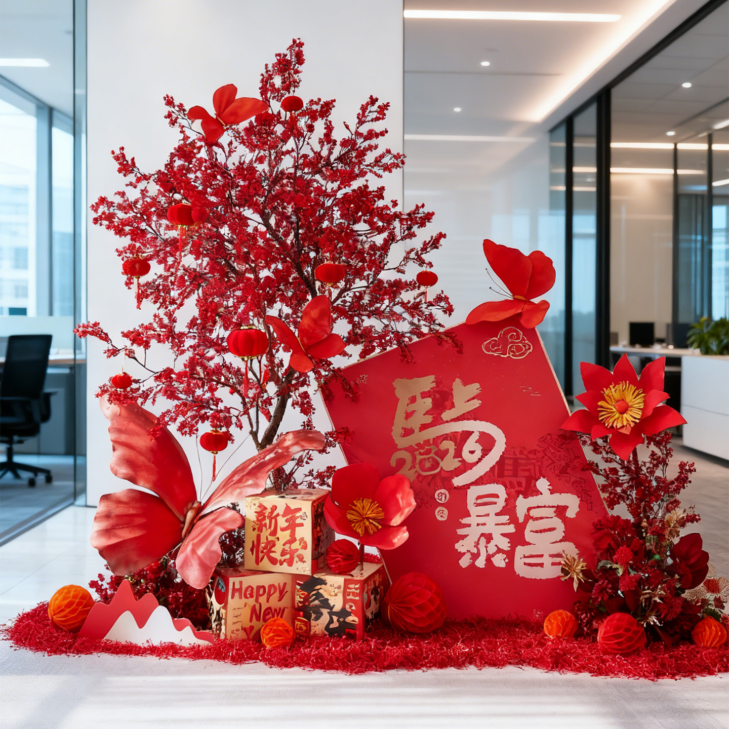 元旦跨年氛围布置中式许愿树迎新年公司装饰kt板拍照道具花艺摆件