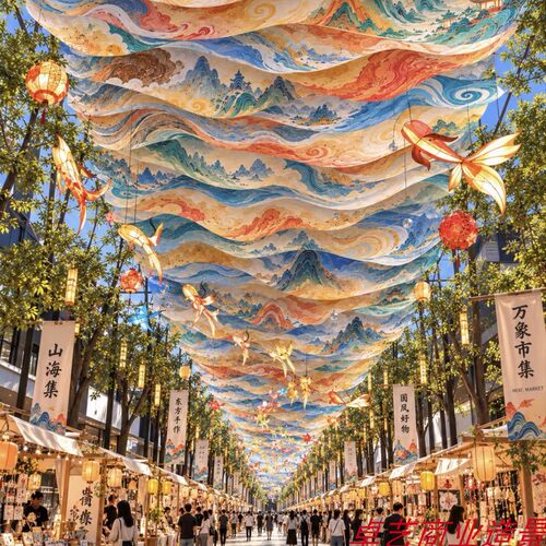 千里江山图国风吊顶纱幔定制