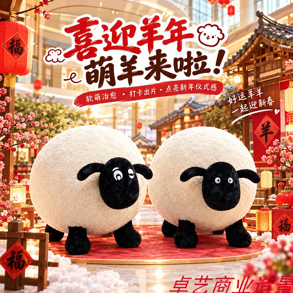 2027羊年美陈装饰毛绒公仔卡通玩偶商场酒店中庭拍照打卡布置造景