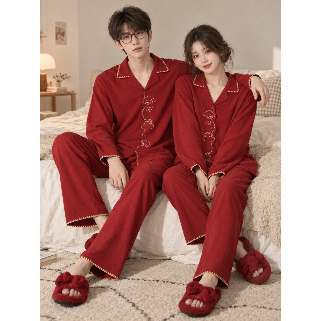 维多利亞红色睡衣结婚新婚情侣套装纯棉春秋季喜庆婚庆男女家居服