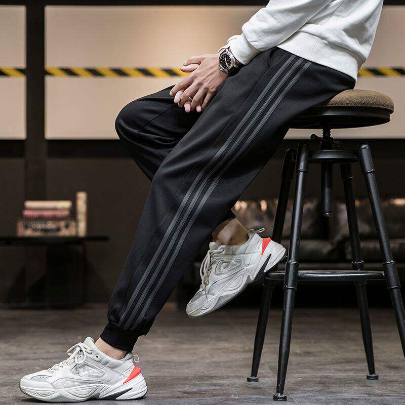 IT ins潮牌纯棉加长运动裤男加绒条纹束脚大码高个子特长休闲卫裤