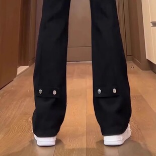 LL男装牛仔裤男秋冬款修身直筒黑色美式高街弯刀高腰显瘦微喇叭裤