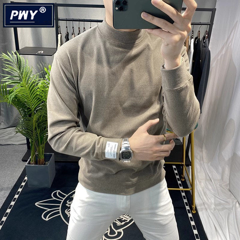 潮牌高级感纯色卫衣男士秋冬季潮流半高领长袖T恤保暖德绒打底衫