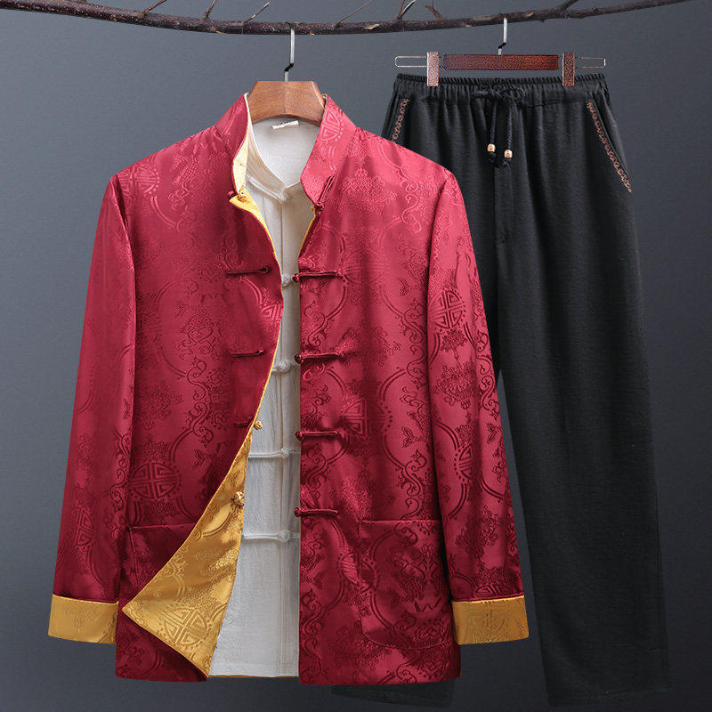 中国风复古唐装男士长袖春秋高端双面穿外套中老年爸爸装休闲套装,男装,唐装,淘宝优惠券,粉丝福利购,淘宝优惠卷