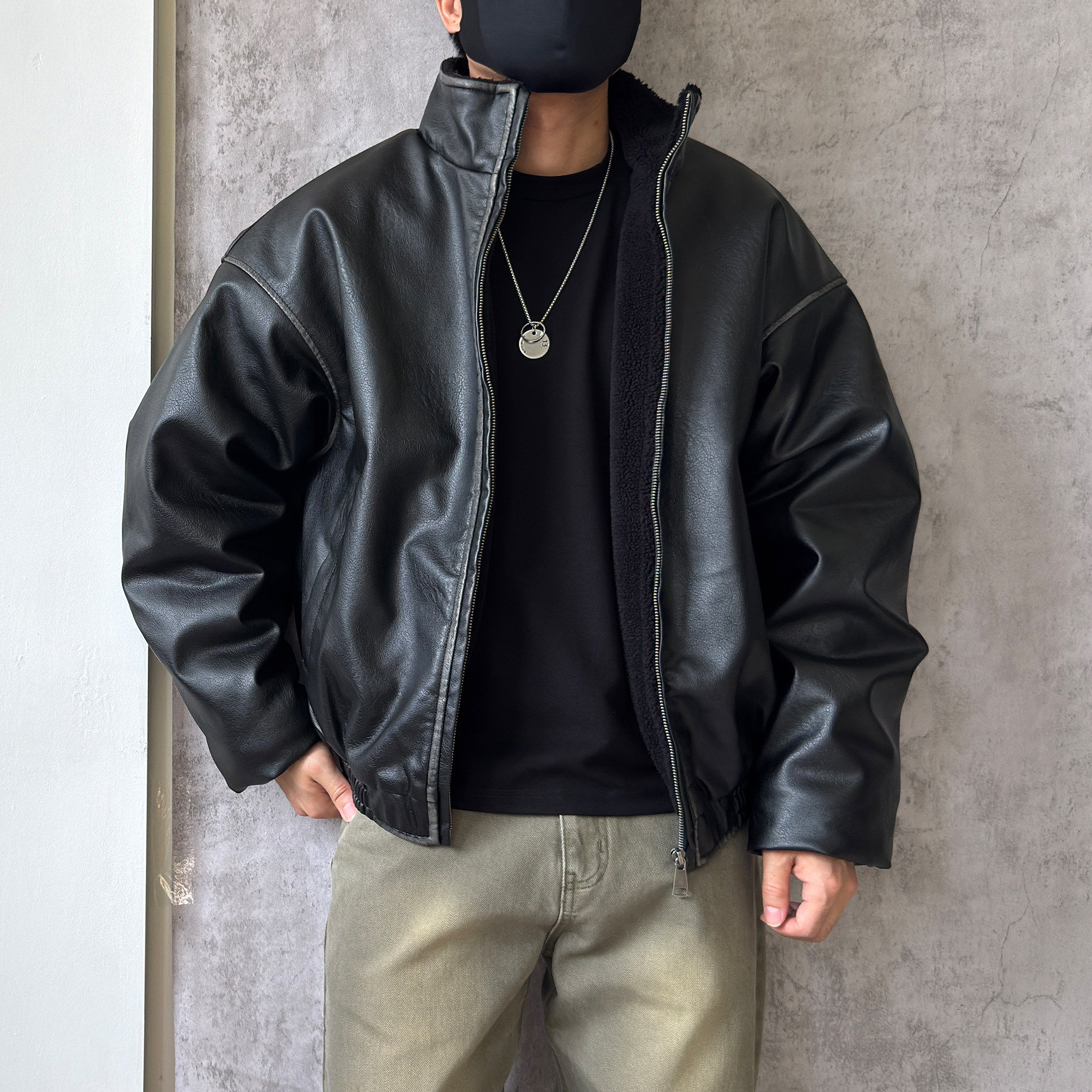 IT ins美式立领羊羔绒皮衣夹克男美拉德加绒加厚皮毛一体棉服外套