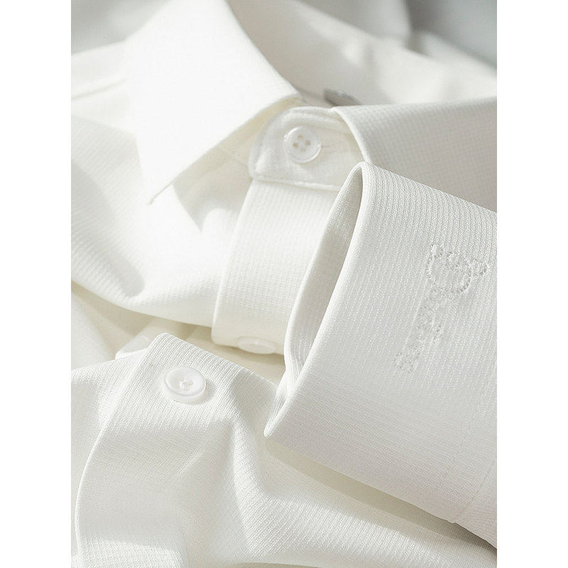 高级感白色衬衫男士长袖春秋商务时尚袖口刺绣无痕修身休闲衬衣男