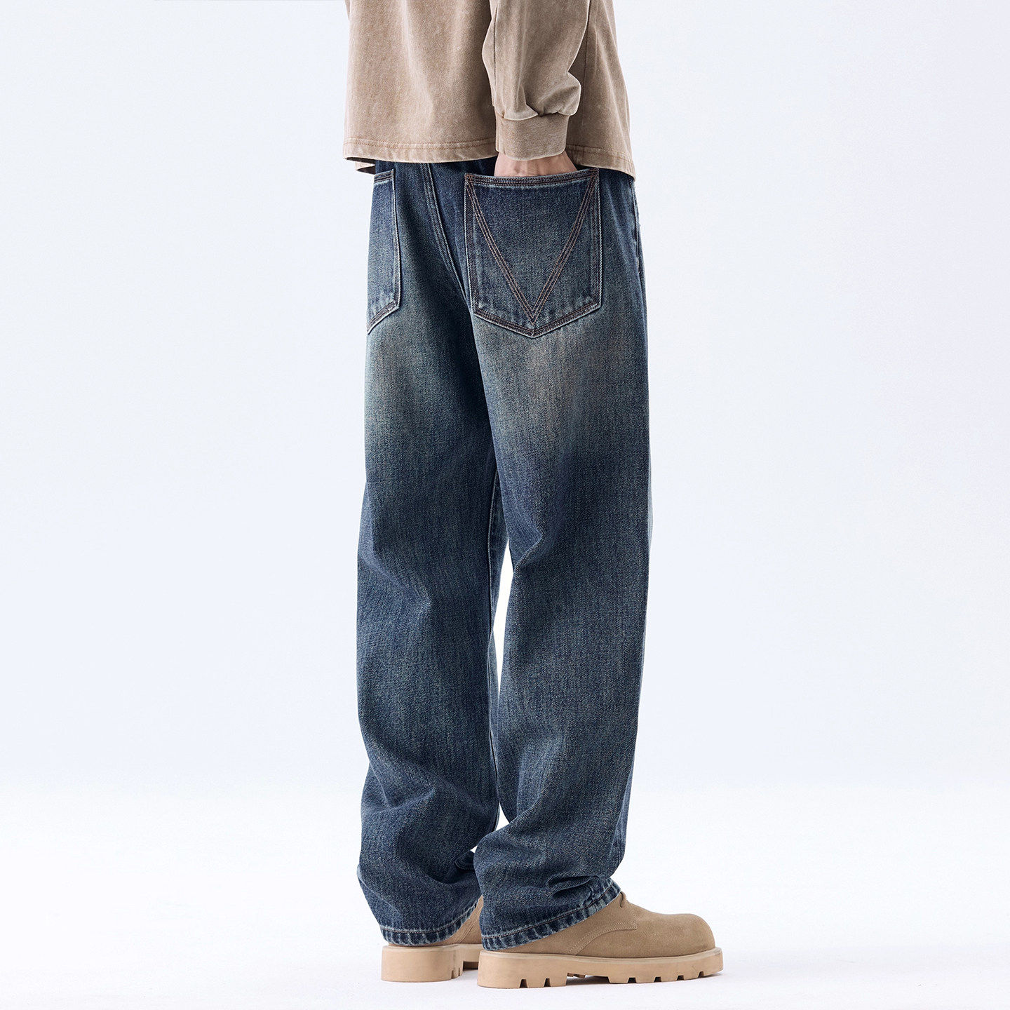 意大利品牌秋冬重磅复古水洗牛仔裤男加绒加厚潮牌宽松阔腿直筒裤