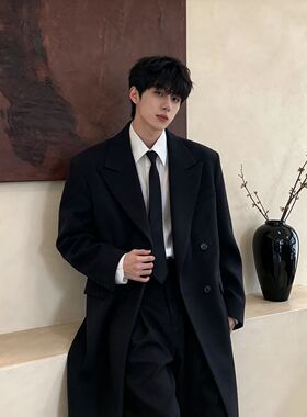 Uamtor港风宽松中长款过膝风衣套装男秋冬季帅气垫肩西服大衣潮流