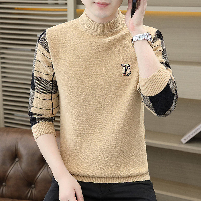 半高领毛衣男士秋冬季修身拼色刺绣内搭中领针织衫加厚打底线衣潮