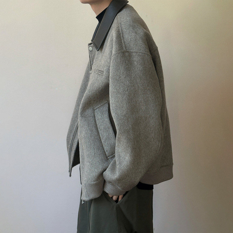 潮牌高级感短款呢子大衣男士秋冬季加厚保暖皮领拼接翻领夹克