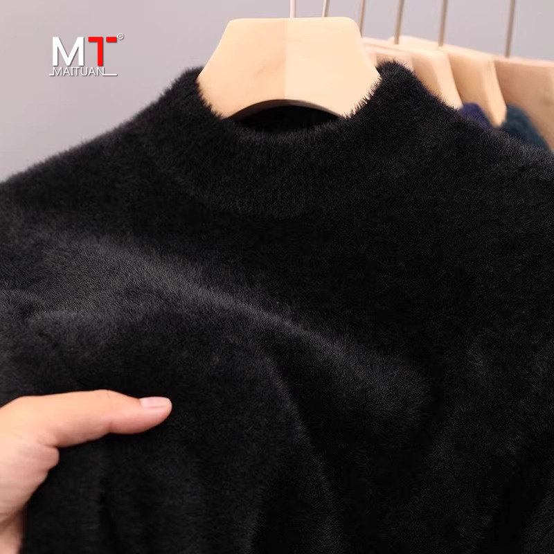 高端水貂绒毛衣男士秋冬季新款加绒加厚半高领针织打底衫男款春秋