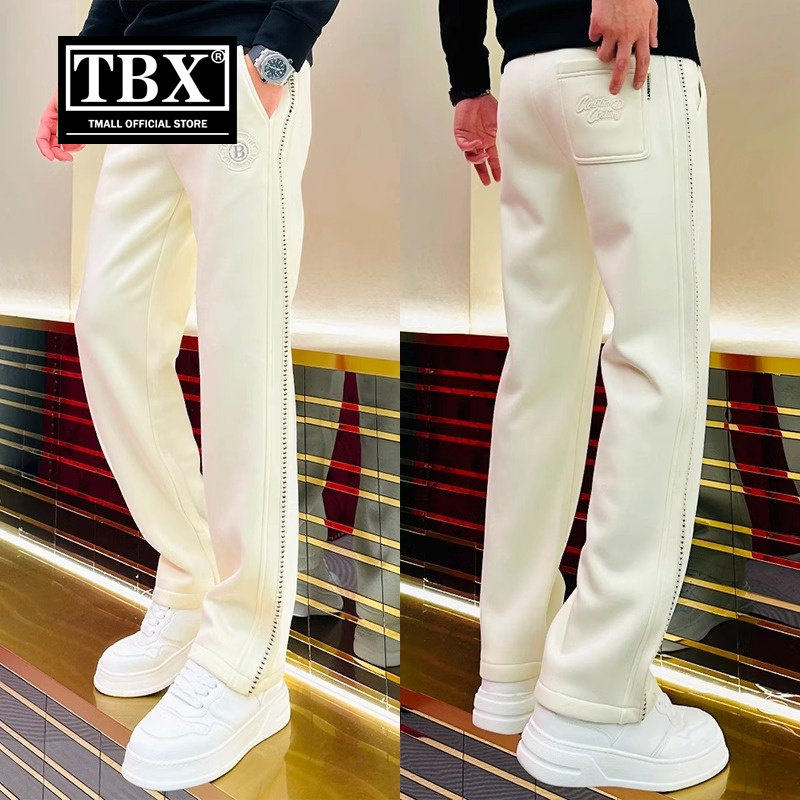 高端休闲裤子男士2026新款春秋季白色男裤阔腿直筒侧条纹卫裤男款