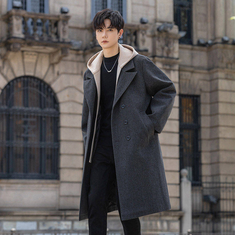 假两件连帽毛呢大衣男士中长款秋冬季潮牌英伦风过膝呢子风衣外套,男装,毛呢大衣,淘宝优惠券,粉丝福利购,淘宝优惠卷