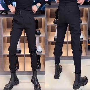 黑色西裤男秋冬季加绒加厚锥形修身小脚裤子高级感痞帅束脚休闲裤