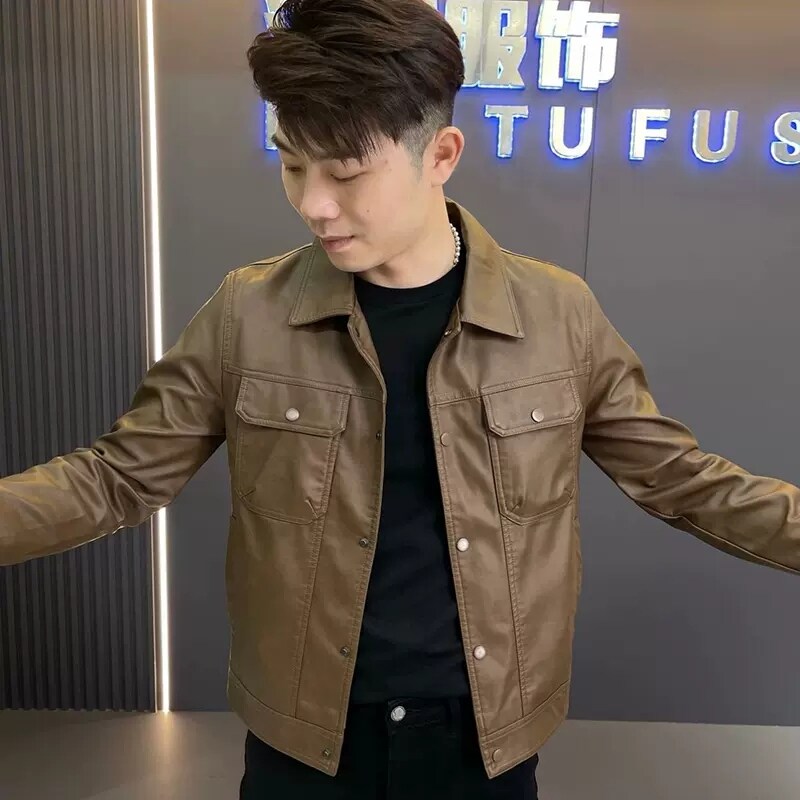 绵羊皮真皮皮衣男春秋新款海宁短款皮夹克男士翻领修身休闲外套潮