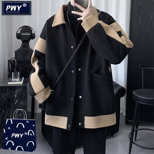 潮牌男士高级感毛呢外套2025秋冬季新款潮流宽松黑色呢子男装大衣
