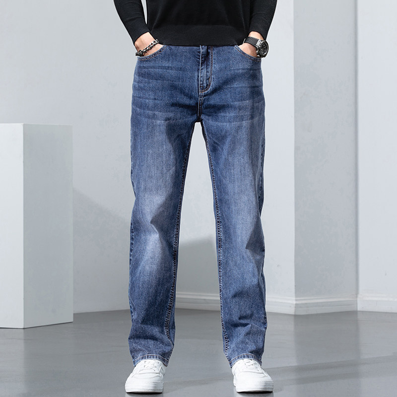 意大利高端蓝色牛仔裤男夏季新款宽松直筒弹力商务百搭休闲长裤子