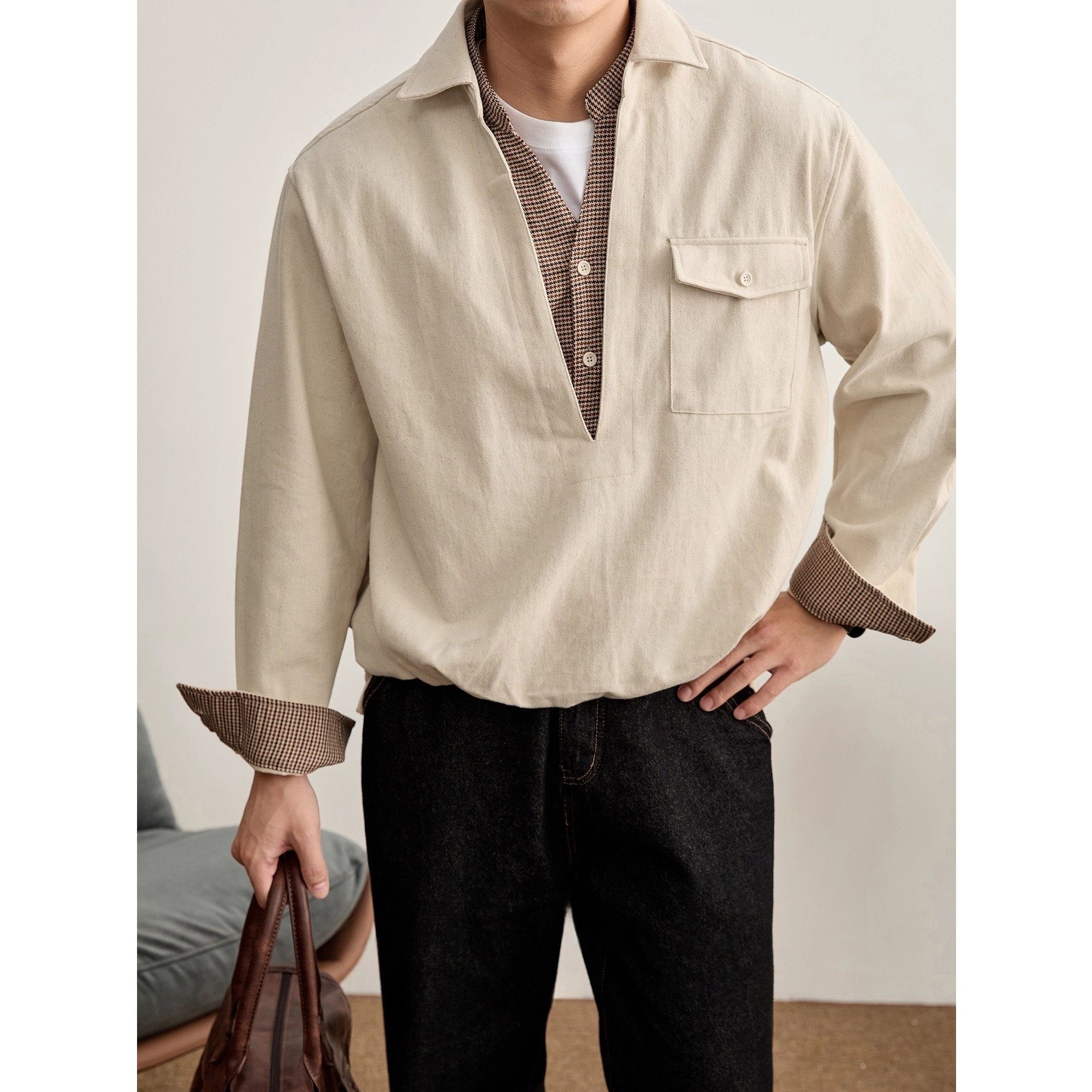 palm city纯棉假两件磨毛衬衣复古潮牌千鸟格拼接半开襟衬衫男款,男装,衬衫,淘宝优惠券,粉丝福利购,淘宝优惠卷