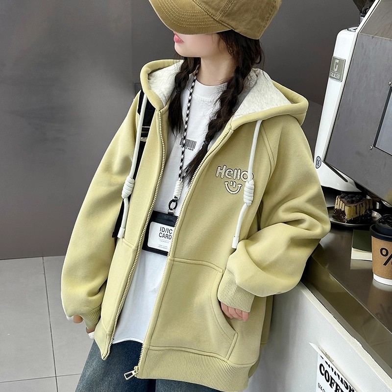 女童加绒外套秋冬2025新款儿童洋气时髦女大童冬装加厚连帽上衣潮