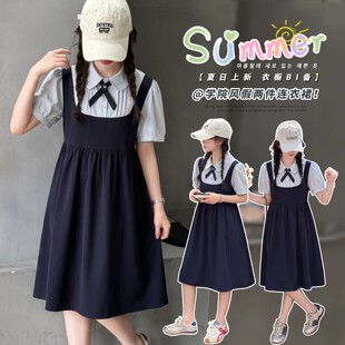 女童夏季假两件学院风连衣裙2026新款韩版衬衫领短袖校服裙长裙潮