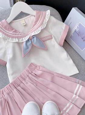 多巴胺穿搭女童套装夏季2026新款儿童夏日裙子女孩学院风jk百褶裙