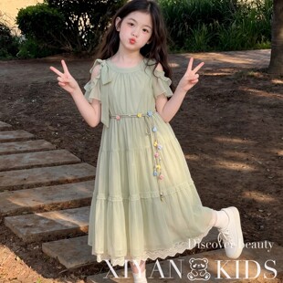 大童女式连衣裙夏季绝美青少年女孩裙子露肩夏裙女童雪纺裙超好看