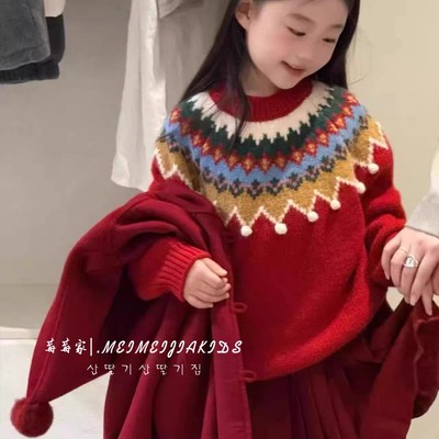 女童毛衣秋冬款2025新款儿童圣诞新年红色圆领针织衫女孩加厚上衣