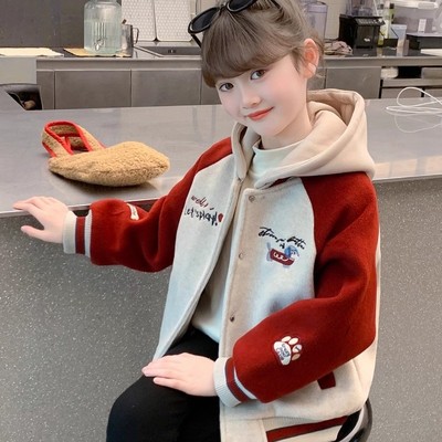 女童外套秋冬季2025新款儿童加绒加厚棒球服冬款女孩洋气连帽上衣