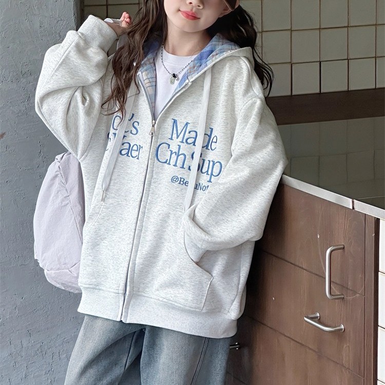 女童秋冬装外套2025新款10岁小女孩连帽灰色卫衣开衫13加绒棒球服