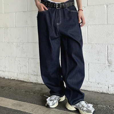 大码oversize嘻哈街舞JAZZ滑板原布深蓝直筒Jenny同款牛仔裤长裤