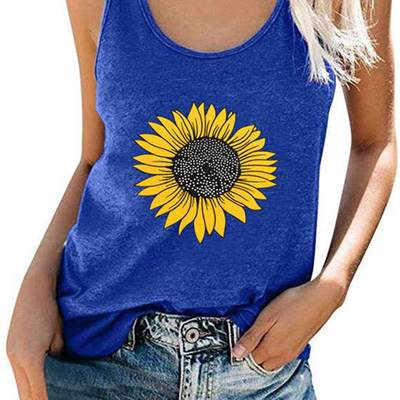 Womens Tops Sunflower Print Sleeveless Tank Top Round Neck