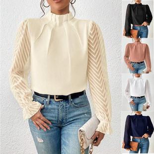 solid shirt women color patchwork elegant lace